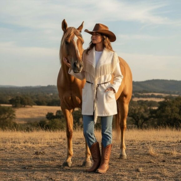 Fringe Western Blanket Coat Camping Firepit Ranch Solid Cream Size Medium - Picture 1 of 7